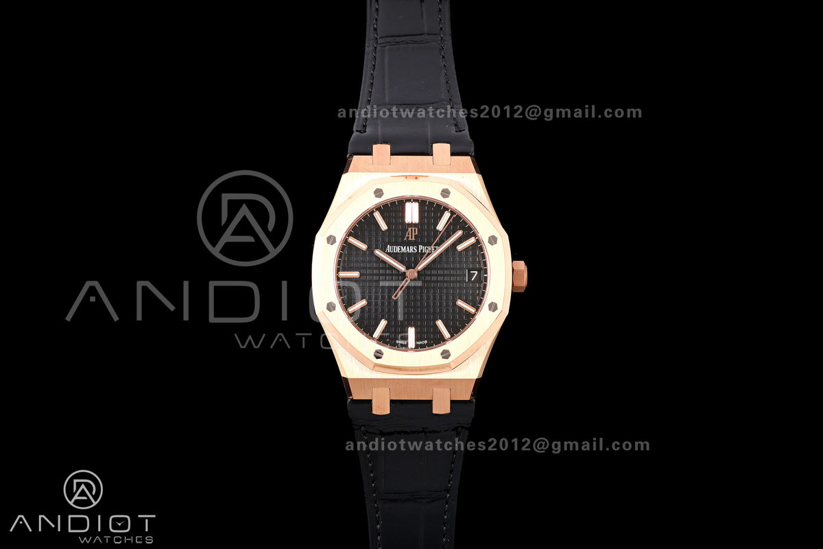 Royal Oak 41mm 15500 RG DDF 1:1 Best Edition Black Dial on Black Leather Strap DD4302 Super Clone (Weighted)